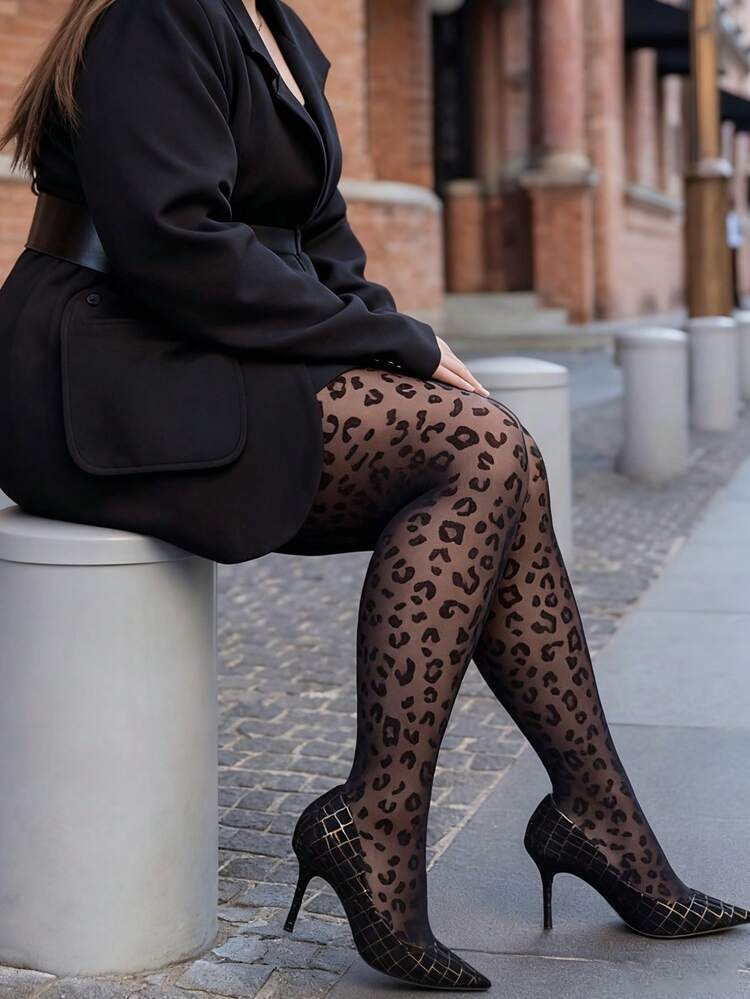 1 Pair Plus Size Sexy European-Style Leopard Print Stockings Retro Jacquard Design Slimming Legs Women's Summer Thin Black Stockings