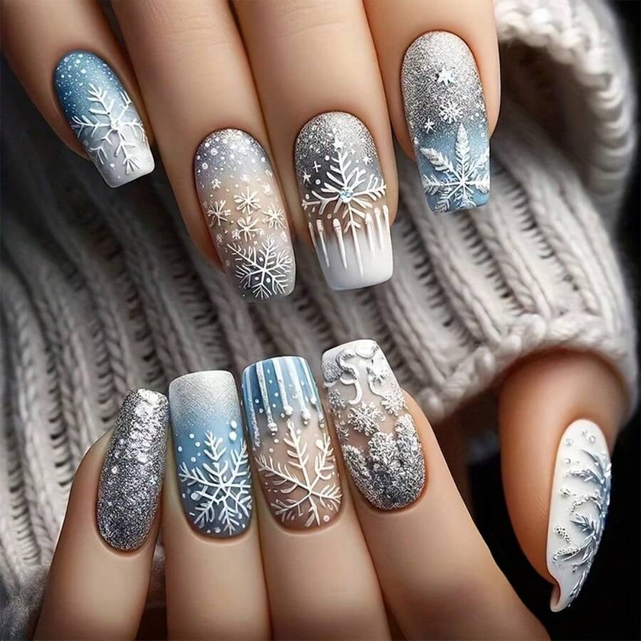 1 Box Of 24 Medium-Length Ballet-Style False Nails, Warm Winter Blue Gradient 3D Embossed Snowflake Design, Suitable For Women's Christmas Daily Nail Art Decoration Art - 藍色 - 查看 1