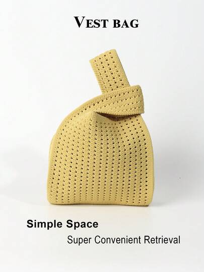 一款迷你白色镂空钩编透气轻便可折叠便携易开合简约休闲女士手提包，可装手机、雨伞、化妆品、口红、香水、书籍、iPad、衣物等，适合日常、假期、上学、通勤、购物、拍照、郊游、露营、跑步、户外活动、钥匙包等，多功能设计，可装iPad、书籍等，可DIY，四季皆宜。