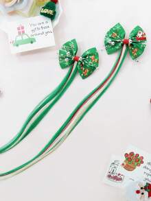 Set de accesorios para el cabello navideños: Lazo con estampado de Papá Noel + Pasadores a juego con detalles de cuentas plateadas, decoración llamativa para fiestas y reuniones festivas