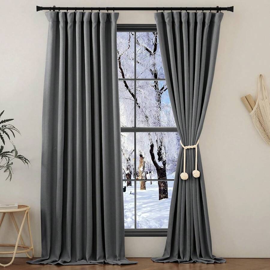 2025 Bedroom Curtains 2 Panels Sets Faux Linen Textured, Pinch Pleated Room Darkening Light/Heat Blocking Window Drapes Thermal Insulated For Living Room, Angora, W50 X L108, 2 Panels - 炭灰色 - 查看 1