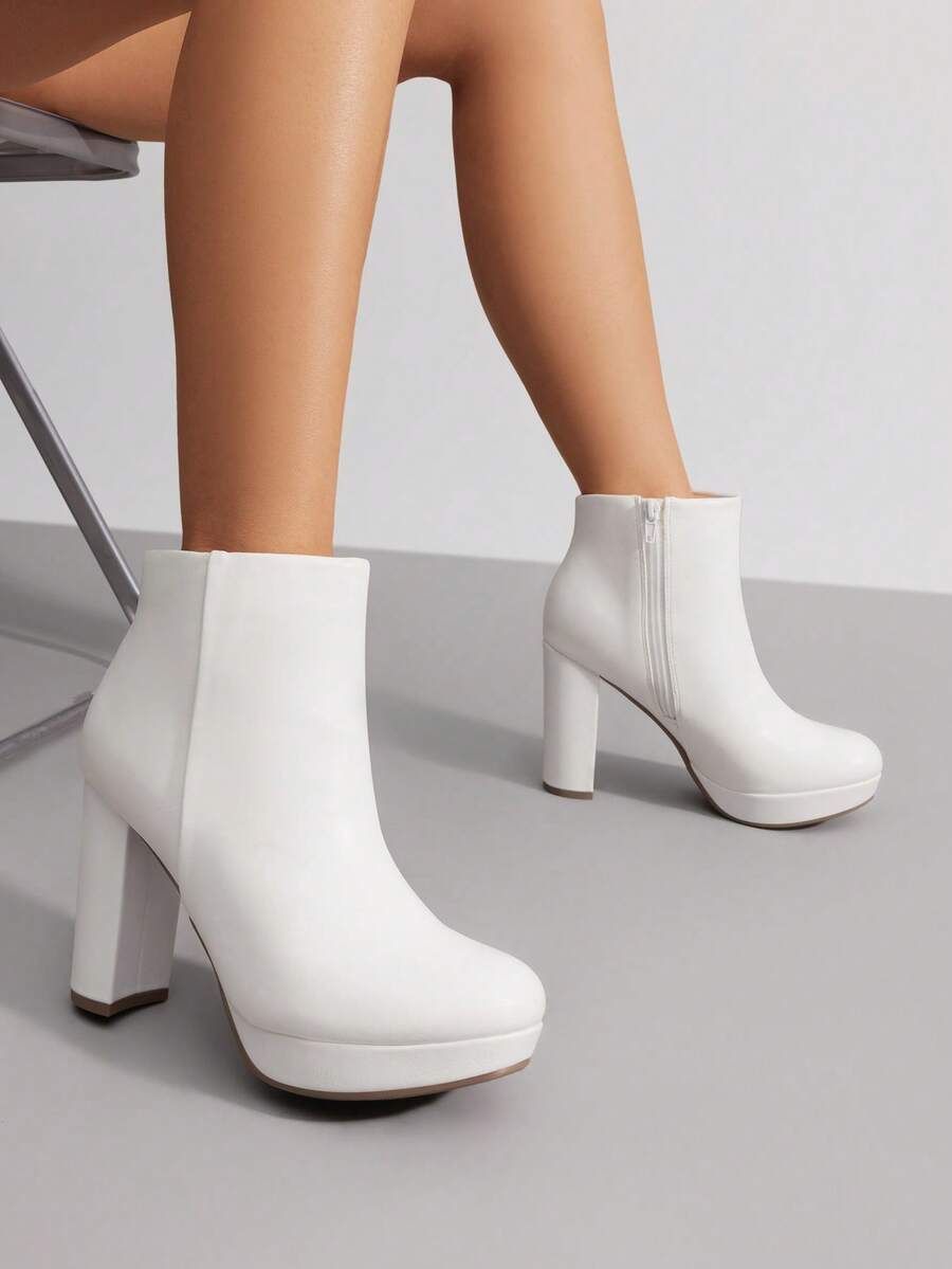Women's Chunky Shaft High Heel Ankle Boots Round Toe With Side Zipper - White - View 1