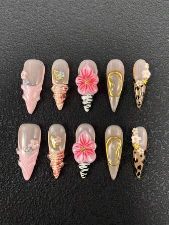 10 stycken rena handgjorda nagelpressnaglar 33 mm tunna högklackade långa naglar franska naglar guld solglasögon pulver modelleringslim tredimensionellt modelleringslim snidade hantverk leopardnaglar flerfärgsmatchande flickor söt mode mångsidig tre storlekar att välja mellan lämplig för en mängd olika tillfällen fest dans och vardagskläder