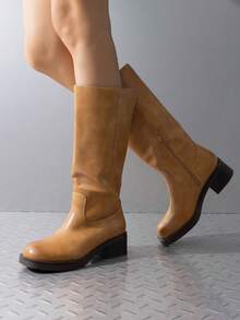 Womens Square Toe Chunky Block Heel Knee High Boots Banana Campus Boots For Women Casual Comfortable Low Heel Side Zipper Riding Tall Boots - Màu nâu  Mocha - Xem 3