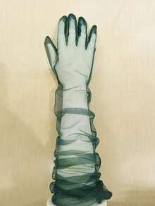1双女士彩色薄纱透明长手套，适用于新娘礼服、派对和摄影配饰，万圣节配饰，冬季手套，婚礼夏季 - 墨綠色 - 查看 3
