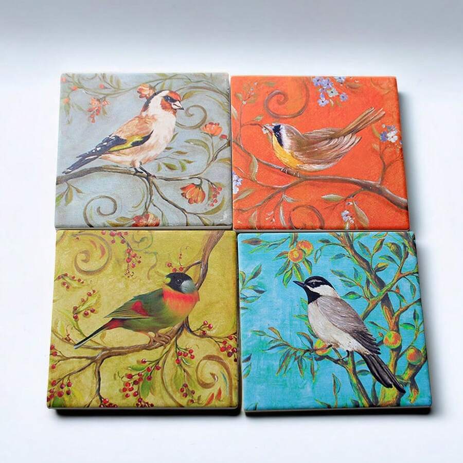Posavasos cuadrados vintage, cojines para tazas de café con decoraciones de flores y pájaros al estilo chino, aislantes del calor, con alta estética, decoraciones para mesa de comedor, alfombrillas aislantes del calor - Multicolor - Ver 1