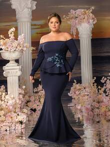 Faeriesty Große Größen Abendkleid für Damen, Off-Shoulder, mit floralen Applikationen, Rüschen an der Taille und Meerjungfrauensilhouette, geeignet für formelle Abendessen, Hochzeitsempfänge, Galaabende, Preisverleihungen und festliche Anlässe, Valentinstag - marineblau - Übersicht 3