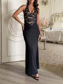 Robe d'automne pour femmes à bretelles fines, dos nu, patchwork de dentelle, volants et queue de poisson. Convient pour les rendez-vous, les fêtes et la rentrée scolaire - Noir - Voir 1