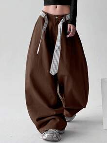 女式涤纶直筒裤，无弹力，纯色，宽松休闲裤