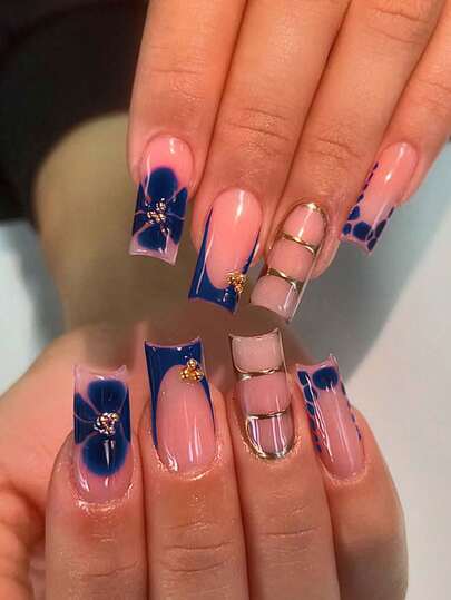 24pcs Y2K Rectangular Flower Nail Stickers To Enhance Your Fashion Style! This Blue French Acrylic Press-On Nail Set Includes: 1 Piece Of Jelly Gel And 1 Nail File. Easy To Wear, Suitable For Summer And French Manicure, Suitable For Daily Work, Parties And Other Occasions. Nails Nail Supplies