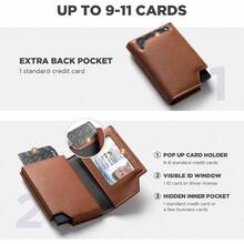 Men's Wallet Minimalist Pop Up Card Holder RFID Blocking Magnetic Closure Leather Wallet With ID Window For Cash And Credit Cards Up To 11 Cards