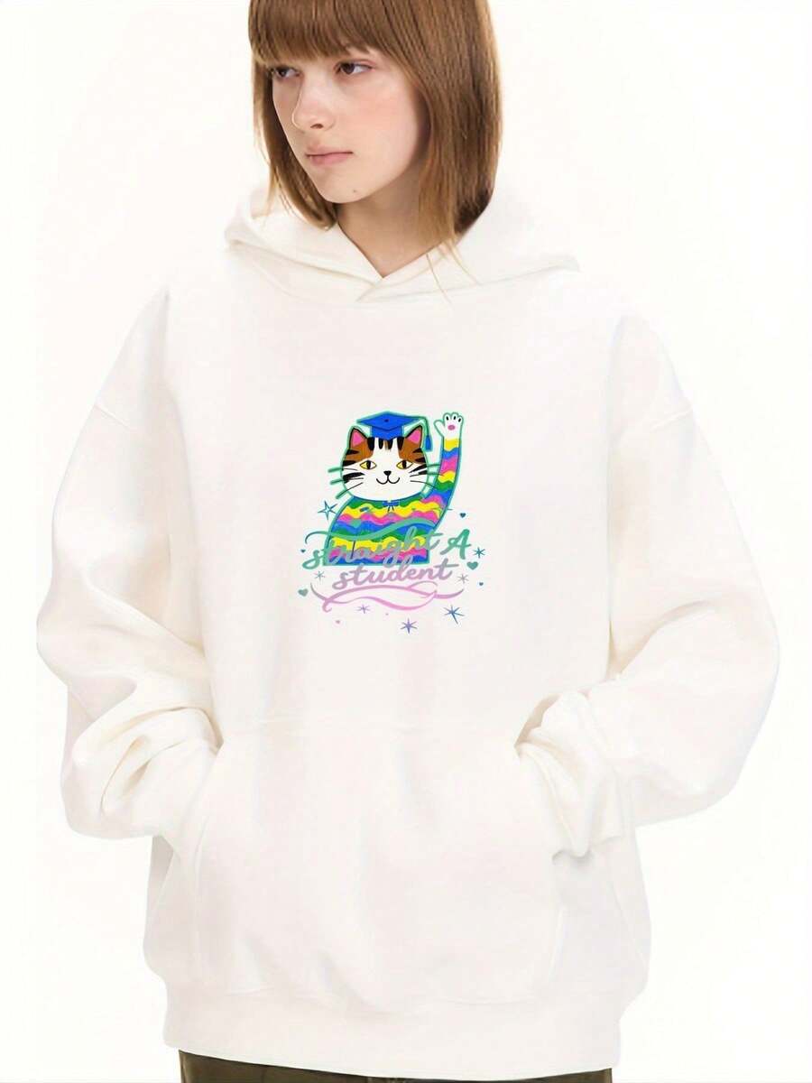 Straight A Cat AchieverOutdoor Hooded Sweatshirt, Slim Fit Sports Top, Printed Sports Hoodie, Outdoor Hiking Top, Training Hoodie Women's Hoodie Women's Sportswear Summer Clothes 400g, Hiking Apparel, Workout Clothing, Sporty Design, Printed Sweatshirt, Lightweight Fabric, Durable Construction, Women's Sweatshirt, Athletic Top, Outdoor Adventurers, Women - 白色 - 查看 1