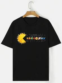 1pc Plus Size Men's Brand Creative Black Planet Print T-Shirt, Casual Style