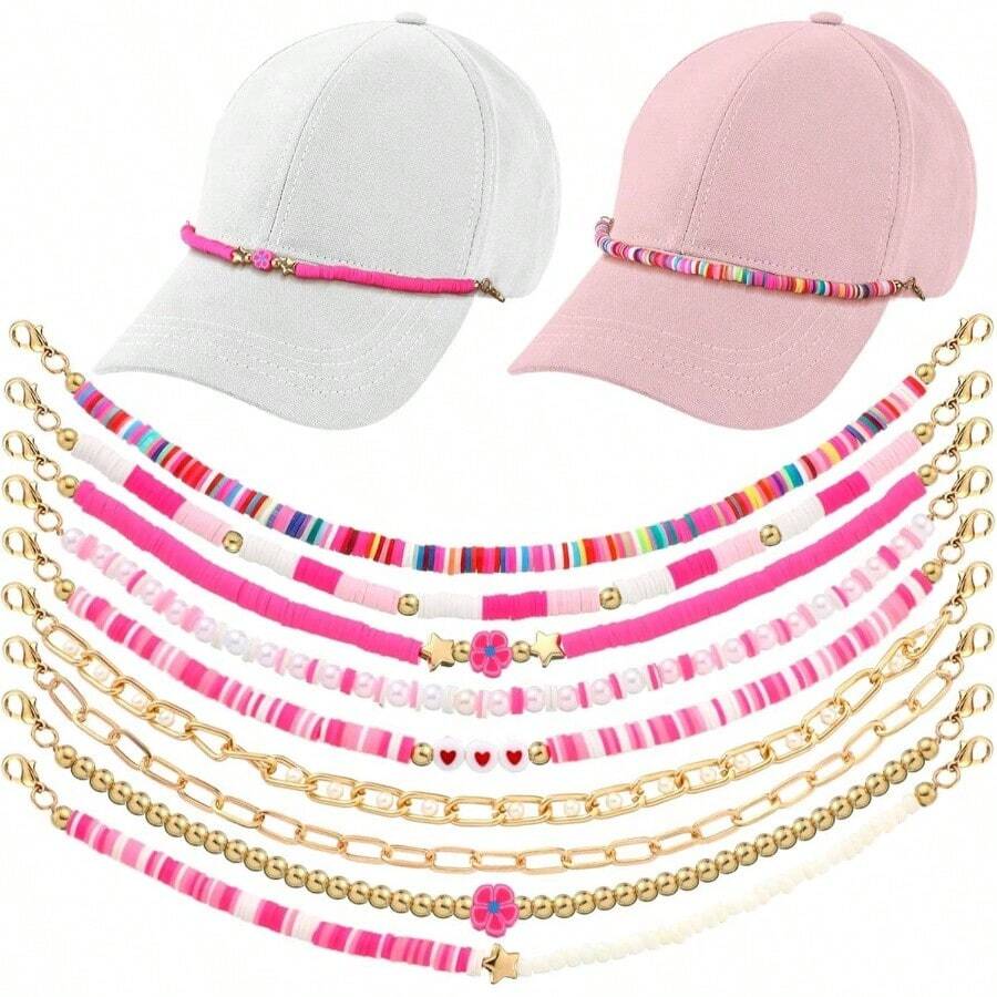 9 Pcs Trucker Hat Chains Trucker Hat Charms Women Man Bill Decoration Detachable Metal Chain Mesh Baseball CapBright Pink, Bead Style - 可愛的顏色 + Y2k - 查看 1