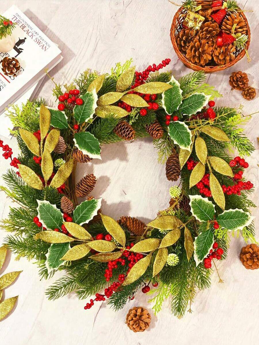 8pcs Christmas Wedding Decor Sparkling Golden Powder Artificial 6-Leaf Olive Leaves, Indoor Home Christmas Tree Wreath Decor, Photography Props, Winter Party, Christmas Decoration,Christmas