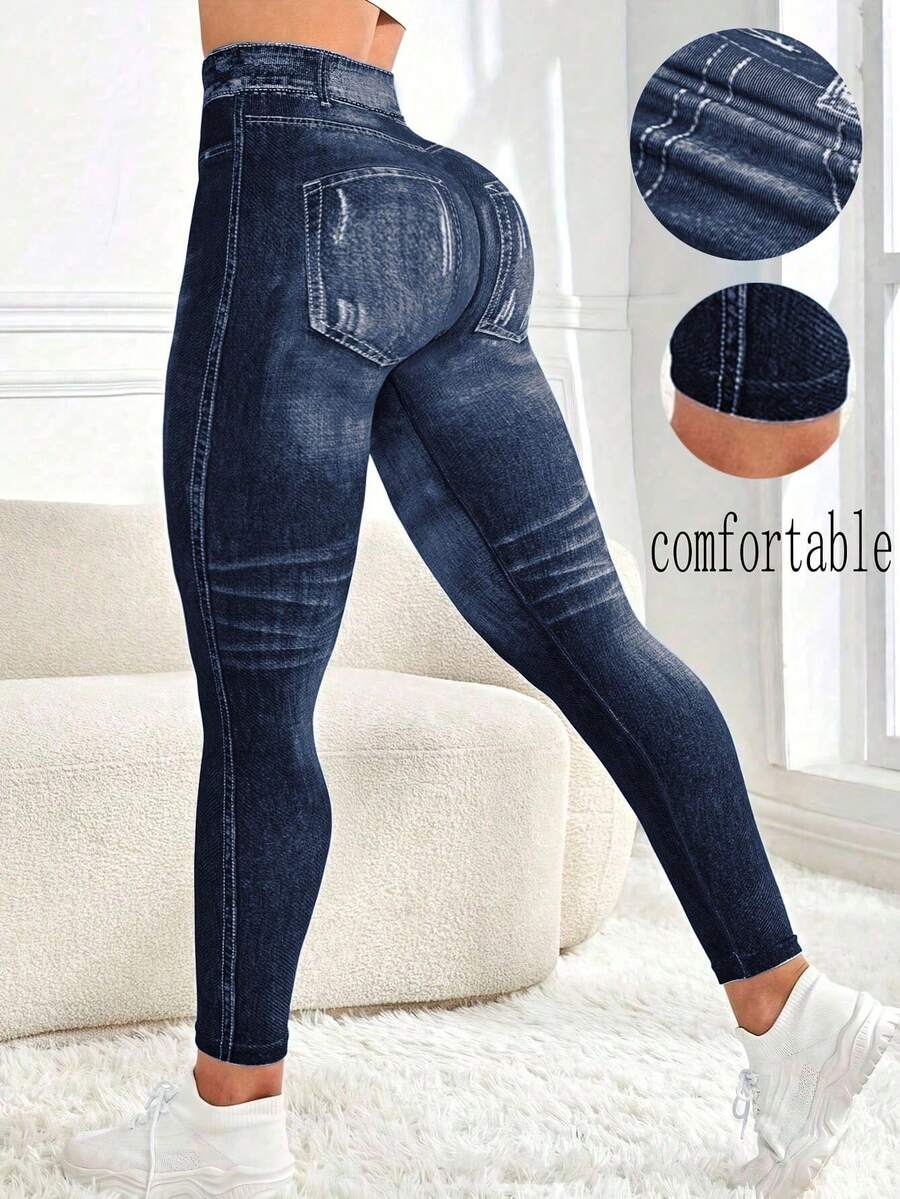Quần legging thể thao nữ gợi cảm, họa tiết denim kỹ thuật số, thiết kế phối màu tương phản, quần tập yoga bó sát, quần đạp xe, nâng mông, thon gọn eo, quần lót yoga ôm sát, nhẹ và thoải mái, phù hợp cho các hoạt động thể thao trong nhà/ngoài trời như yoga, đạp xe, tập gym, mặc thường ngày mùa xuân. - Màu xanh hải quân - Xem 1