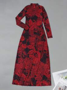 撞色派对夜店街头风修身连衣裙，高领薄纱长袖印花雪纺连衣裙，春夏款