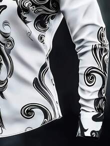 Men's Retro Geometric Print Long Sleeve Button-Down Shirt, Gothic Style Casual Formal Shirt, Suitable For Halloween, Vacation, Daily Wear, Spring & Autumn - Black and White - View 5