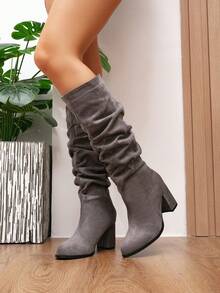 Botas altas hasta la rodilla con tacón apilado para mujer de otoño/invierno, botas de montar con tacón grueso y punta puntiaguda versátiles, botas de tobillo con tacón alto delgado y ajuste minimalista