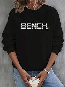 Women's Y2K Style Burgundy Sweater With Bold White 'Bench' Letter Print - Long Sleeve Crew Neck Pullover Sweater With White Cuffs And Hem, Suitable For All Seasons Casual And Semi-Formal Wear, Layerable (Machine Washable) - Minimalist Aesthetic, Y2K Fashion Letter Print Sweater, Fashionable And Comfortable, Suitable For Layering Or Wearing Alone, Elegant Modern Design With 'Bench' Letter, High-Quality Women's Winter Sweater, Oversized Sweater, Women's Winter Sweatshirt, American Women's Sweater, Embroidered Sweatshirt 2025 - 黑色 - 查看 12