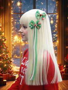 Set de accesorios para el cabello navideños: Lazo con estampado de Papá Noel + Pasadores a juego con detalles de cuentas plateadas, decoración llamativa para fiestas y reuniones festivas