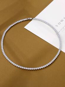 Nooxian 1件装银饰嘻哈风格白色网球锆石项链，女士款 - 銀色 - 查看 4