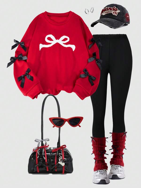 2 Pieces Of Red Bow Printed Casual Girl Thick Round Neck Sportswear And Pants Set, Suitable For Autumn And Winter Girl Clothing Set, Long Sleeved Bow Clothing Cute Autumn Clothing