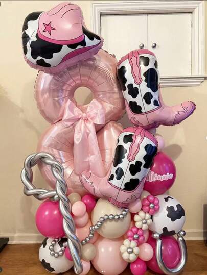 45pcs Pink Cowboy Hat, Boot Balloon Columns, 32" Pearlescent Pink Number Balloon Columns, Suitable For Wedding, Birthday Party Decoration