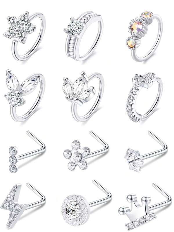 12 PCS Nose Rings Stud L Shape Nose Rings Cubic Zirconia Butterfly Flower Eye Moon Crown Heart Lightning Shape Nose Studs Piercing Jewelry For Women Men 20G Silver Tone