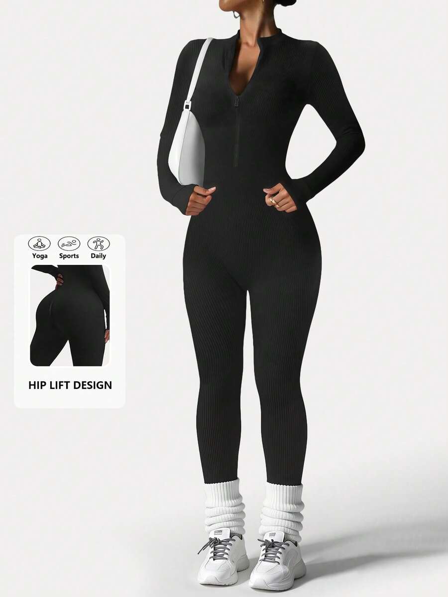 DINBEY Women's Solid Color Long Sleeve Zipper Jumpsuit - Body Sculpting, Hip Lifting & Tummy Control, Slim Fit For Yoga & Outdoor - Black - View 1