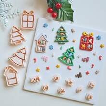 Christmas Series Jewelry Making Kits, Embossed Bookshelf Polymer Clay Cutters For Earrings & Jewelry Making, Debossing Tree Gift Box House With Snowman Star Leaf Gingerbread Man Crutch Snowflake Pattern Clay Molds For Pendant & Necklace Maker, Gift For Book Lovers, Book Earrings