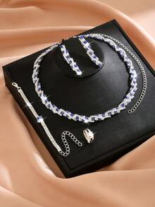 Juego de joyería de 5 piezas de lujo con cristal y circonita cúbica para mujeres, collar y aretes de ojo azul malvado, pulsera, combinación de anillo, noble y elegante, y versátil, el mejor accesorio para bodas, fiestas y todas las ocasiones - Juego de accesorios de 5 piezas - Ver 8