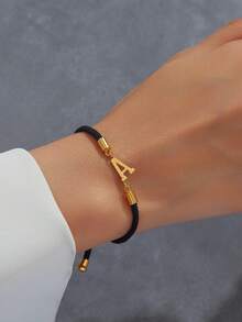 1 Pc Rope Initial Bracelet For Men, Stainless Steel A-Z Letter Charm Bracelet, Handmade Braided Bracelet Adjustable Jewelry Gifts - Multicolor - View 2