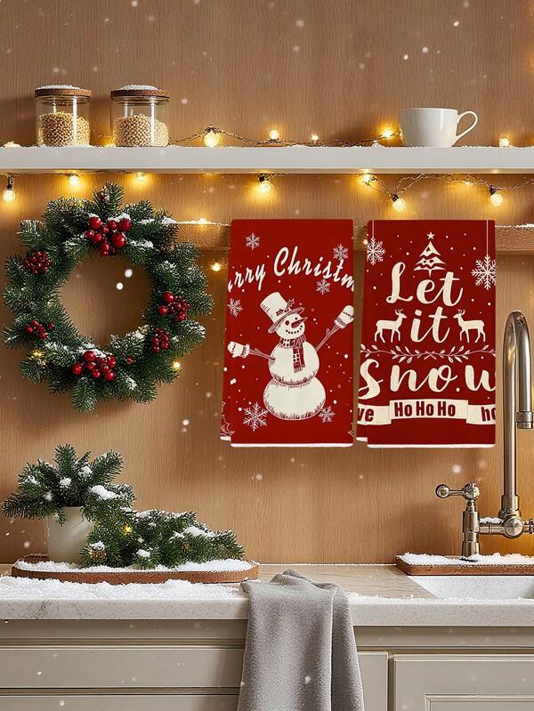 Conjunto de 2 panos de prato natalinos com estampa de árvore de Natal rosa e boneco de neve vermelho. Ideais para decoração de cozinha e uso diário na cozinha, perfeitos para o inverno.