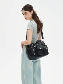 Spacious Women's Vintage Faux Leather Tote Bag - Chic Y2K-Inspired Multi-Pocket Crossbody With Detachable Strap, Zip Closure, Solid Color, Fashionable Shoulder Purse For Everyday Use, Bohemia Style Bag For Women, 2000s Fashion Style Bag For Women, Street & Japanese Bag For Women, New Arrival Tote Bags For Woman