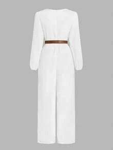 女士优雅V领缎面连体裤，女士秋季面料+配饰腰带 - 白色 - 查看 3