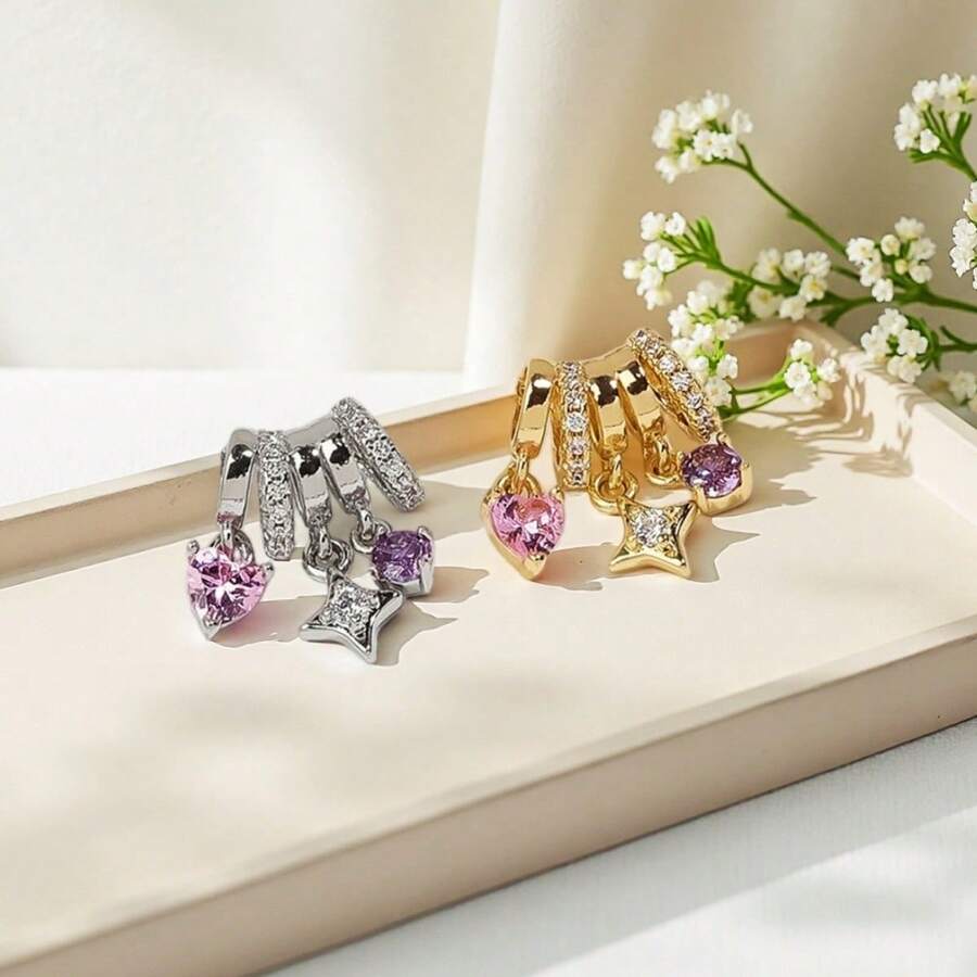 2 Stücke Kupfer eingelegt Kubikzirkonia Sternburst & Herz Perlen Anhänger, geeignet für DIY Halskette, Armband, Ohrringe, Schlüsselanhänger Schmuckherstellung