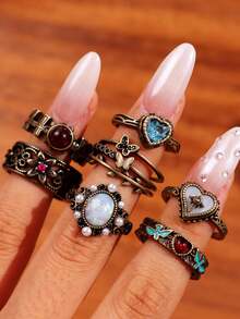 7pcs/Set Vintage Elegant Luxury Versatile Distressed Antique Gold Heart, Floral, Shaped Ring Set, Suitable For Daily Wear, Festivals, Parties