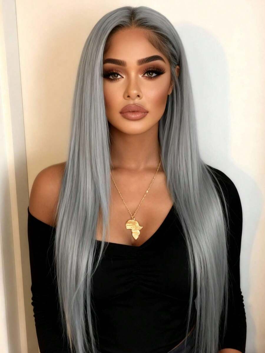 Silver Grey Straight Lace Front Wigs Human Hair With Baby Hair 200 Density HD Lace Front Wigs Full And Thick Human Hair Wig 13x4 HD Transparent Grey Colored Bone Straight Lace Frontal Wigs Pre Plucked Glueless Wigs For Women - Xám - Xem 1