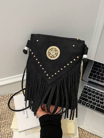 Vintage Fringe Decor Shoulder Bag, High-Quality Suede Crossbody Bag