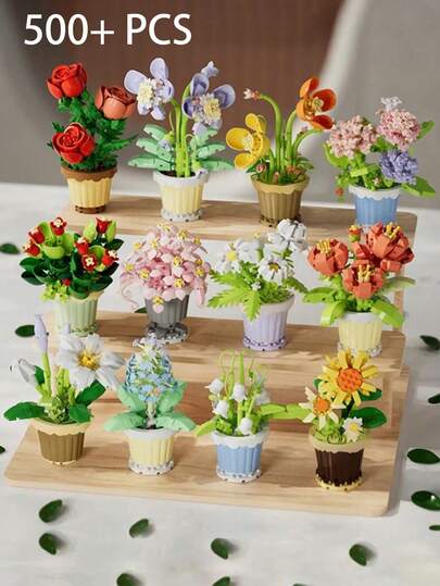 Mini Bouquet Bonsai Tree Toy Building Block Set, DIY Simulation Plant Series Building Block Toys, Toy Building Blocks Suitable For Home Office Decoration Ornaments, Acrylic Dust Cover Building Blocks, Bouquet Set, Suitable For Adults, Birthday Gifts, Christmas Toys, 500+Pcs