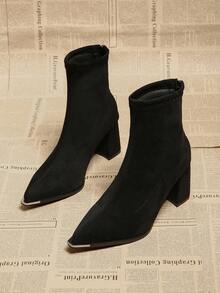 2-2.5英寸法式修身小踝靴，仿麂皮粗跟女式踝靴，2025秋冬新款 - 黑色 - 查看 2