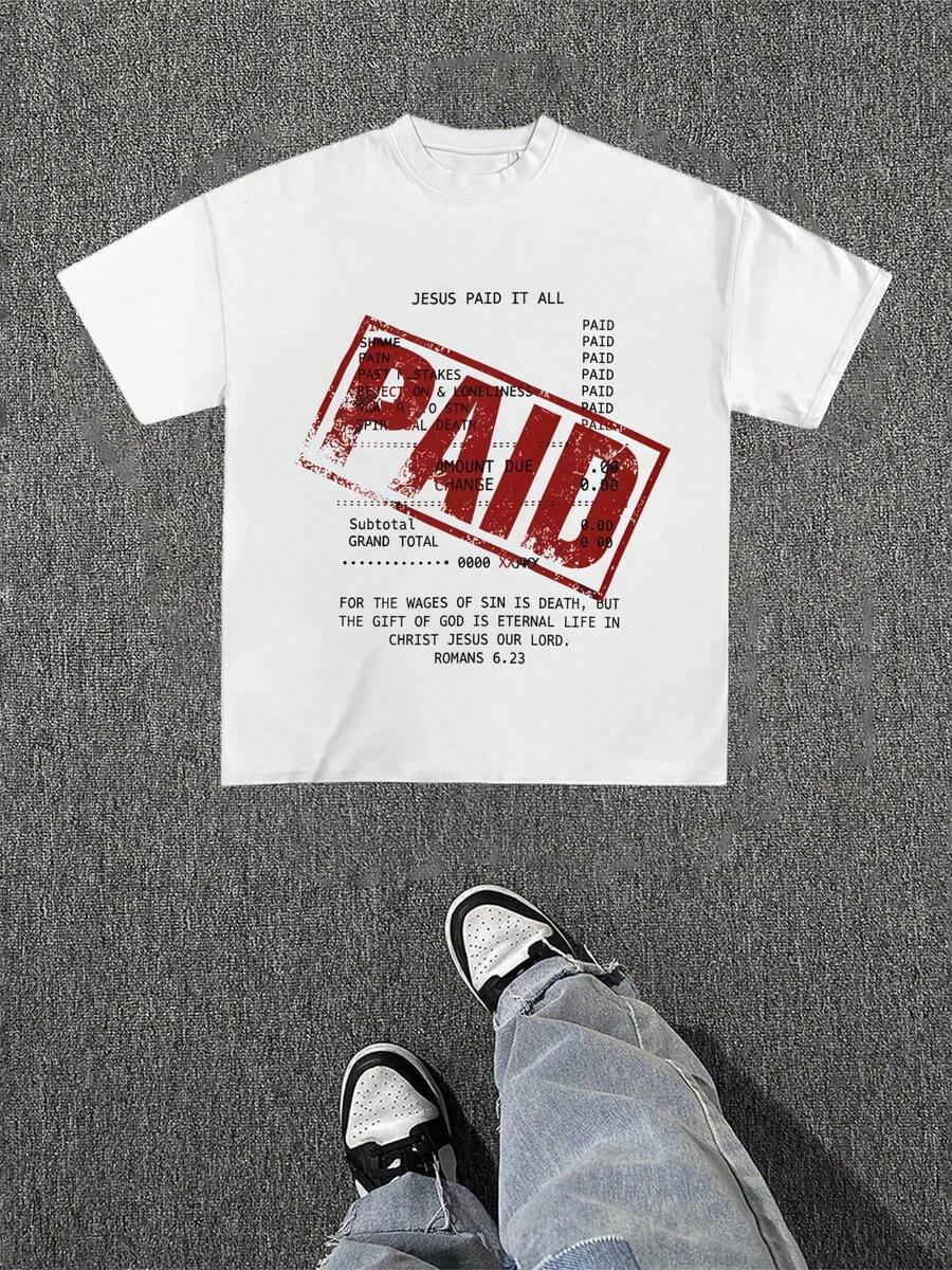 Jesus Paid It All Religious Statement Graphic Tee Crew Neck Short-Sleeve Washed Tees, 230g Cotton Soft T-Shirt, Gender-Neutral T-Shirt,Suitable For Daily Commute - 白色 - 查看 1