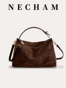 1 Piece Of Pressed Rhombus Suede Handbag Women's Solid Color PU Fabric Shoulder Bag, Retro Fashion Imitation Suede Bowling Bag, Contrast Quilting, Single Handle Zipper Closure, Suitable For Daily Use And Going Out For Shopping And Work - Coffee - View 1