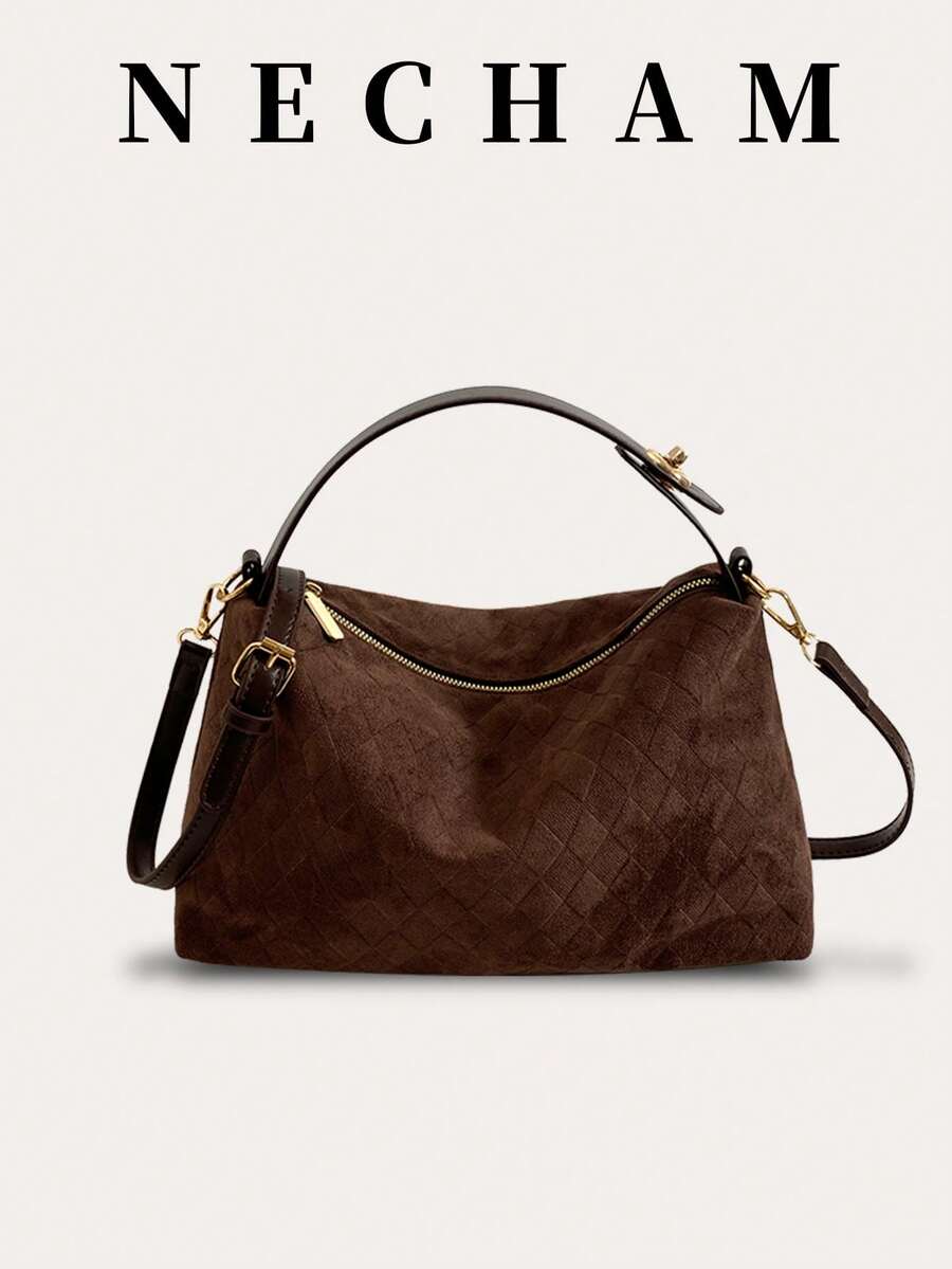 1 Piece Of Pressed Rhombus Suede Handbag Women's Solid Color PU Fabric Shoulder Bag, Retro Fashion Imitation Suede Bowling Bag, Contrast Quilting, Single Handle Zipper Closure, Suitable For Daily Use And Going Out For Shopping And Work - Coffee - View 1