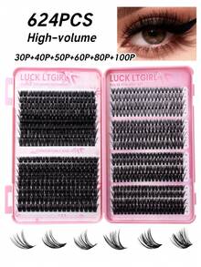 LUCK LTGIRL 320/624片蓬松假睫毛套装，包含睫毛工具、二合一睫毛夹、双头睫毛胶、卸妆液，混合长度（10mm/12mm/14mm/16mm），新手友好，精美礼品，睫毛簇、单根睫毛、睫毛册、睫毛嫁接胶水 - 黑色 - 查看 10