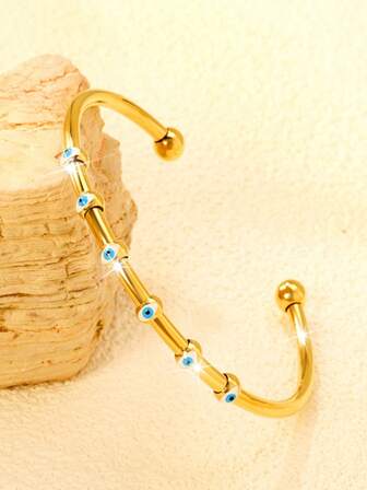 1件装蓝色邪眼女士精致手链，18K镀金不锈钢手链