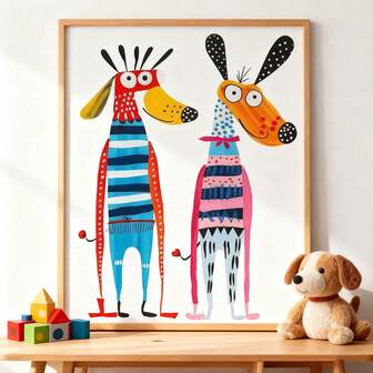 لوحة جدارية على قماش بتصميم زوج كلاب كرتونية، ملصق جرو مرح، ديكور منزلي ومكتبي عالي الجودة، هدية مثالية لعشاق الحيوانات والأنمي