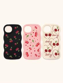 White Pink Black Milky White Creative Wavy Texture 3pcs Cherry Pattern Shockproof Phone Cases Fashion Phone Cases Compatible With IPhone & Galaxy Phones Spring Gift Case,International Version, Not The Domestic Version - Multicolor - View 13