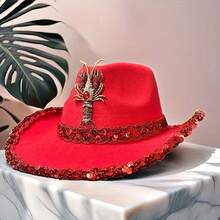 Western Style Cowgirl Cap Stylish Sequin Lobster Decorated Wide Brimmed Hat For Men Women Outdoor Wear Suitable For Home Indoor Holiday Decoration, School Party Activities, And Must Choose Christmas And New Year Gifts - 紅色 - 查看 4